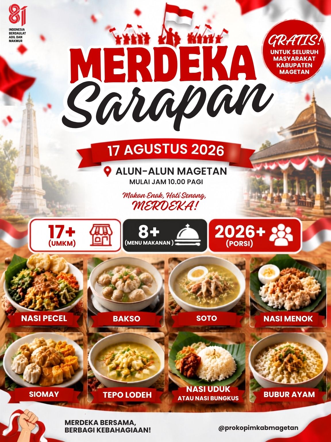 Merdeka Sarapan di Alun-Alun Magetan, Ribuan Porsi Kuliner Gratis Siap Dibagikan 17 Agustus