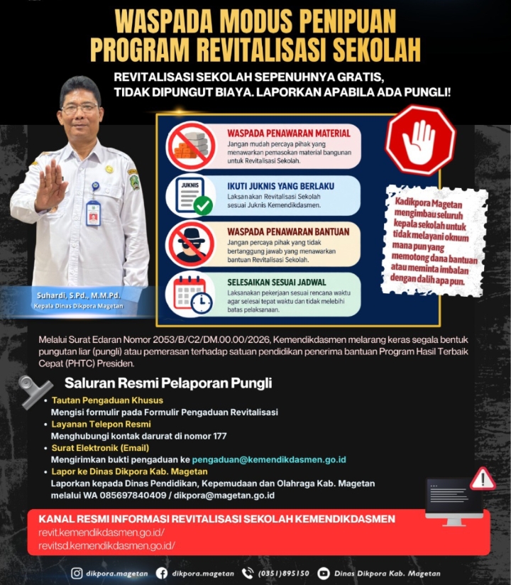 Waspada Modus Penipuan Program Revitalisasi Sekolah, Dikpora Magetan Imbau Sekolah Tak Layani Pungutan