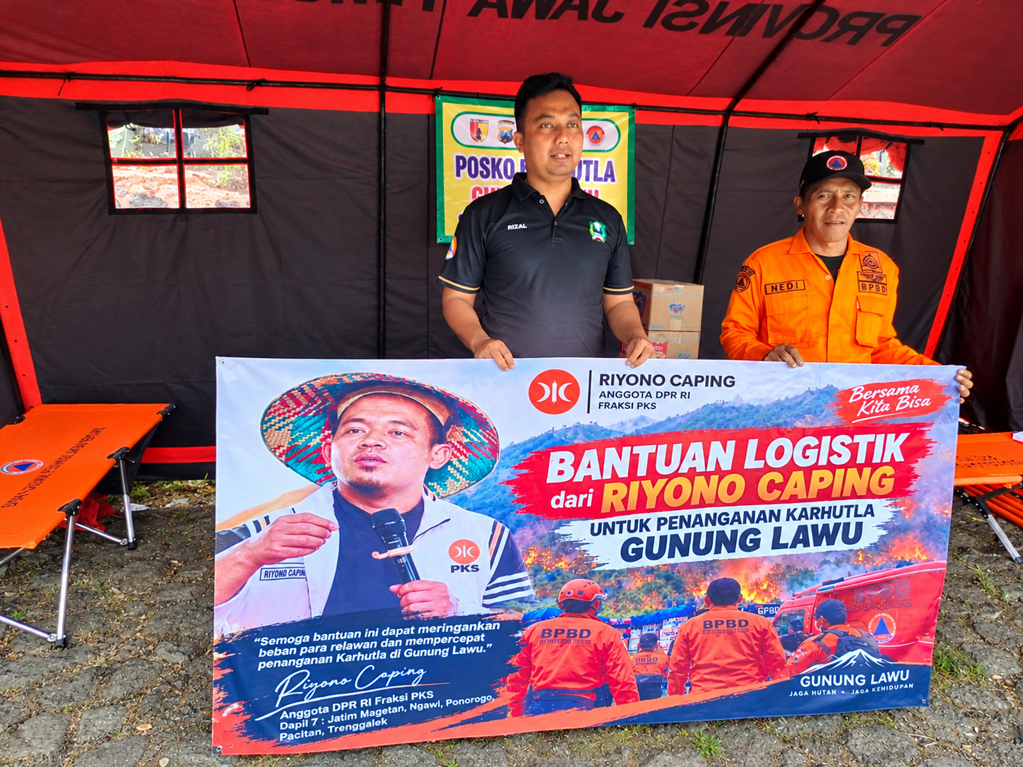 Riyono Caping Salurkan Bantuan untuk Relawan Kebakaran Gunung Lawu melalui BPBD Magetan